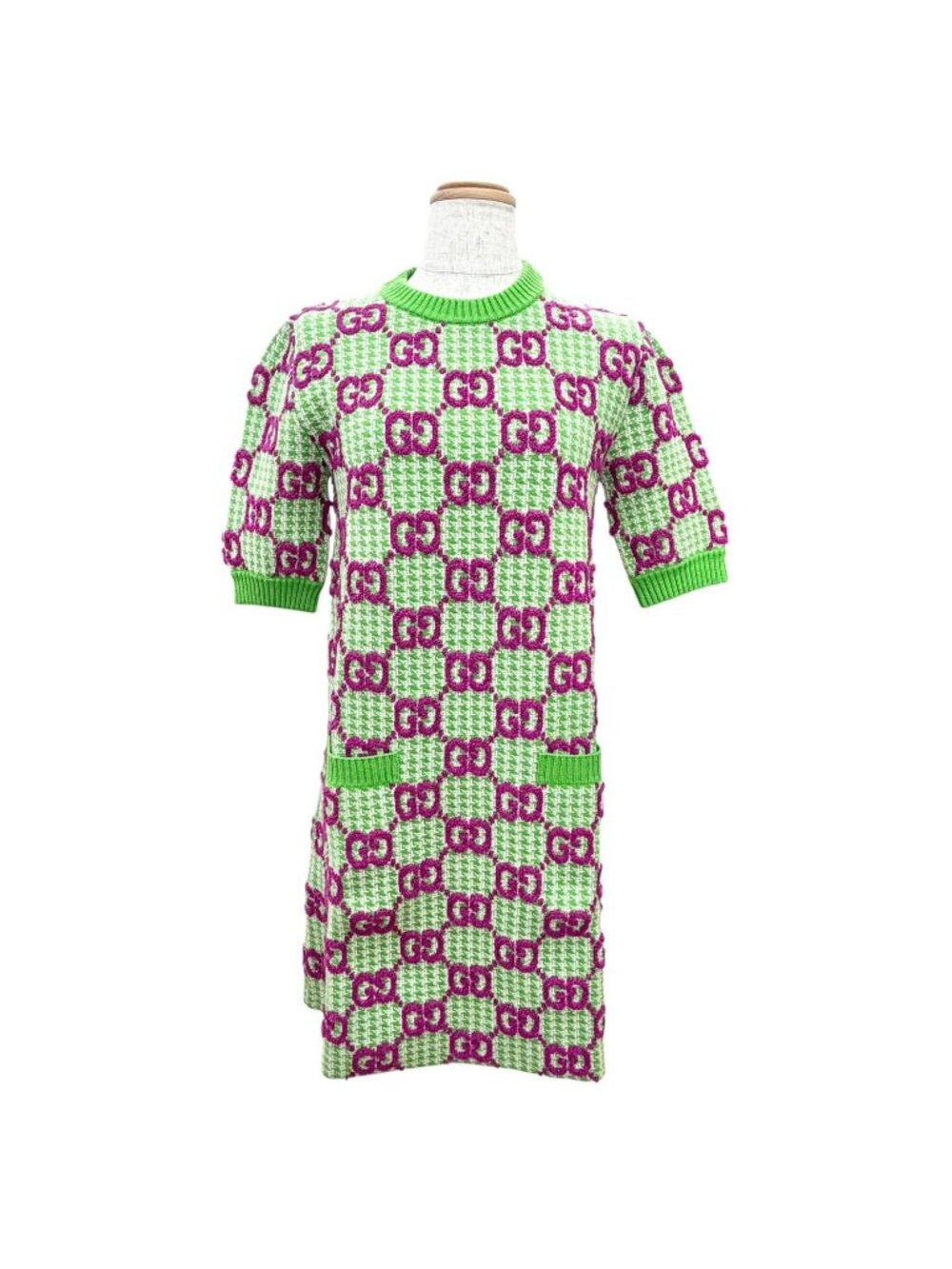 Gucci | Dresses | Gucci Wool Gg Pattern Short Sleeve Knit Dress Mini Length Green Purple Xs